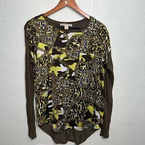 Michael Kors Women's Interlocking Chain Print Top Blouse Olive Green Knit XS